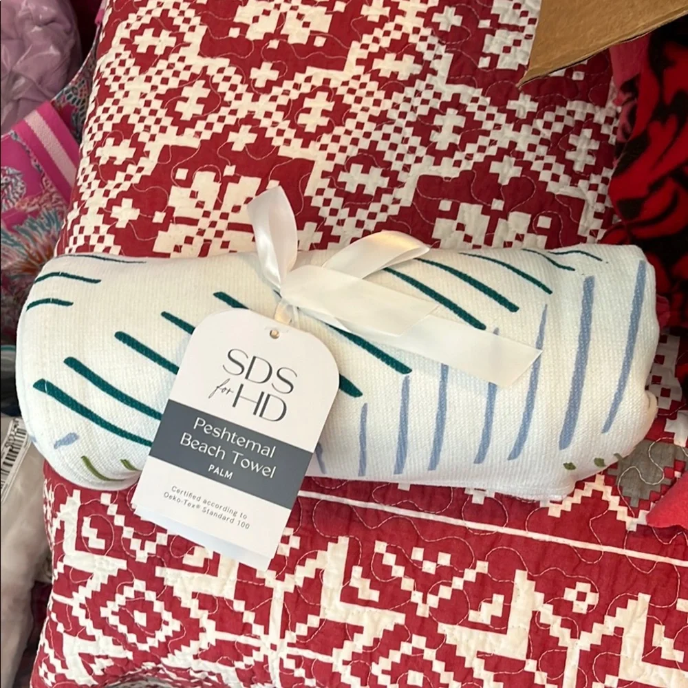 Peshtemal Beach Towel - White with Blue and Green Accents
